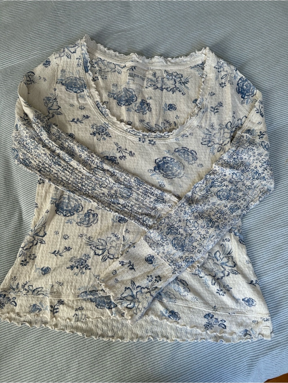 We The Free Cream Long Sleeve Tee with Blue Floral Print